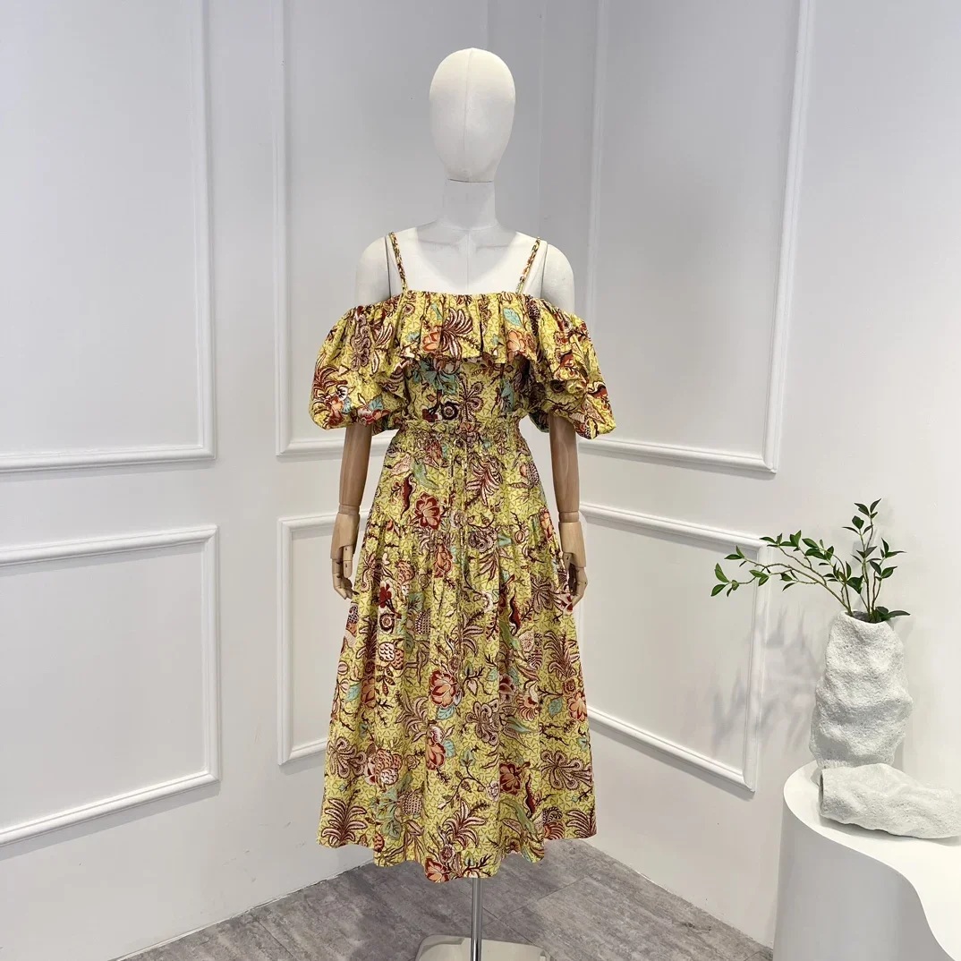 2024 New High Quality Floral Print Off The Shoulder Top Drawstring Waist Midi Skirt Woman Vintage Set