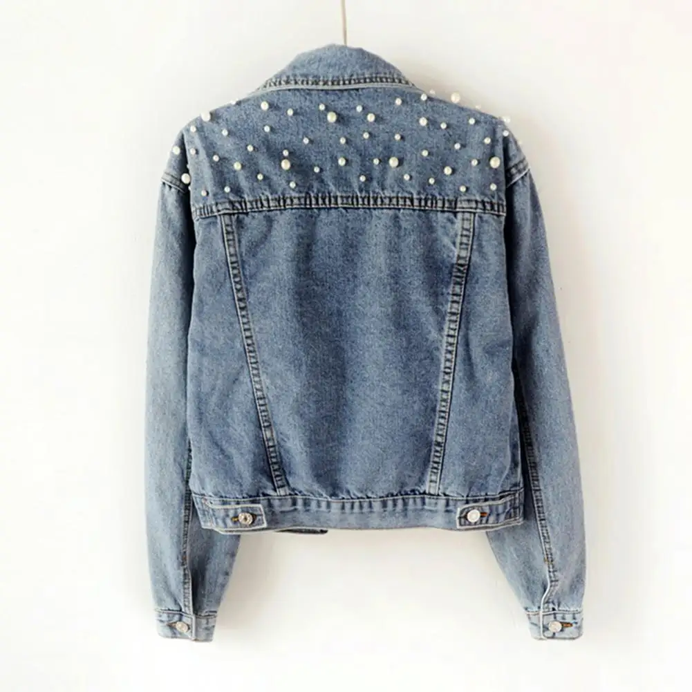 Imitation Pearl Women Denim Jacket Solid Color Single-breasted Short Beads Decor Long Sleeves Cardigan Jeans Jackets Women Coat