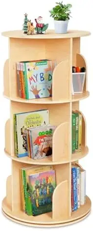 

Kids Rotating Bookshelf, Small Corner Bookshelf for Small Space, 360° Display 3 Tier Floor Standing Bookshelf Storage Rack, Wood