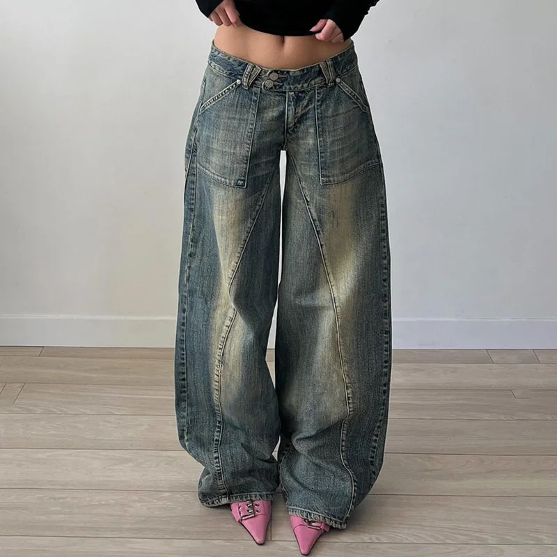 Vintage Vintage Irregular Jeans High Street Divider Pocket Jeans New Fashionable And Casual Versatile Low Waist Wide Leg Pants