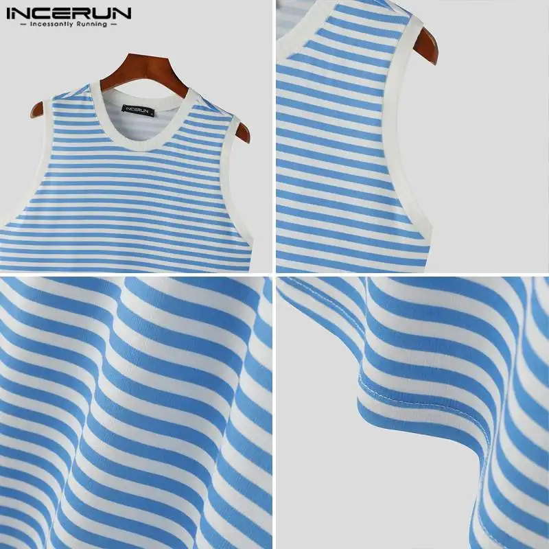 INCERUN Tops 2024 Korean Style New Men\'s O-neck Contrast Striped Printed Tank Tops Summer Streetwear Male Sleeveless Vests S-5XL