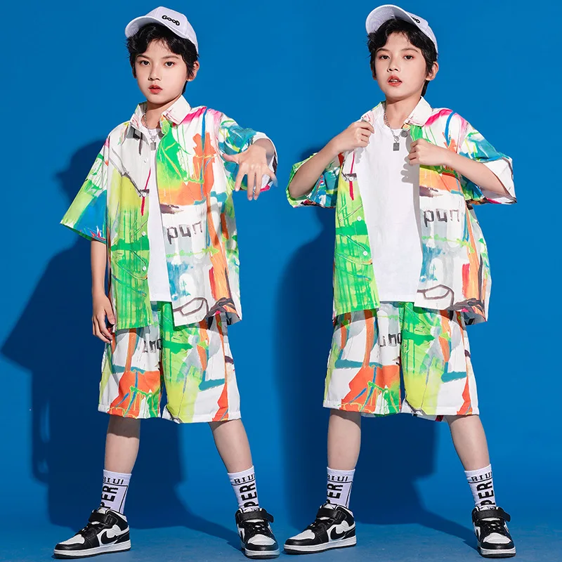 Groene Graffiti Shirts Shorts Zomer Hip Hop Kinderen Danskostuum Jongens Drum Show Outfits Meisjes Jazzdans Kleding Rave Wear