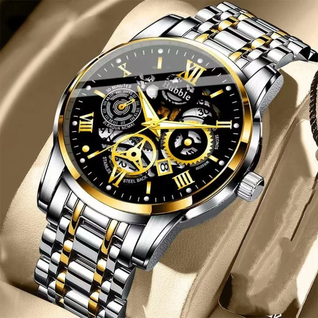 Men's Watch, Classic Fashion Ultra-Thin Luminous Double Calendar Steel Belt Quartz Watch