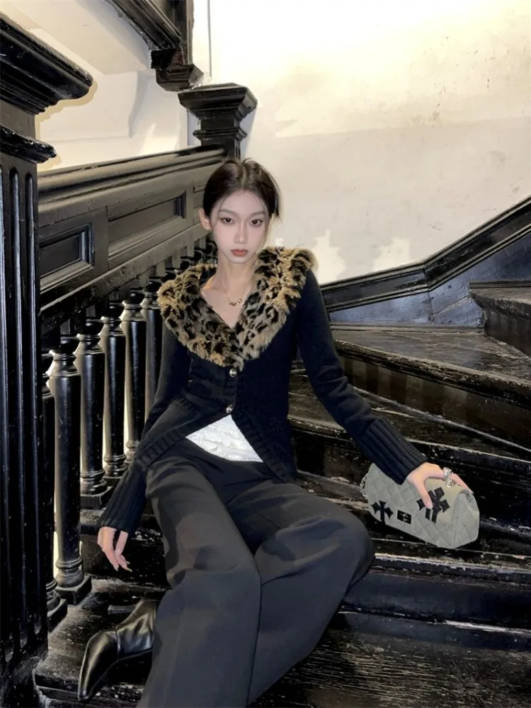 Advanced Style Set For Women\'S Autumn And Winter New Item, Detachable Leopard Print Fur Collar Jacket With Slim Fit Pants Two-Pi