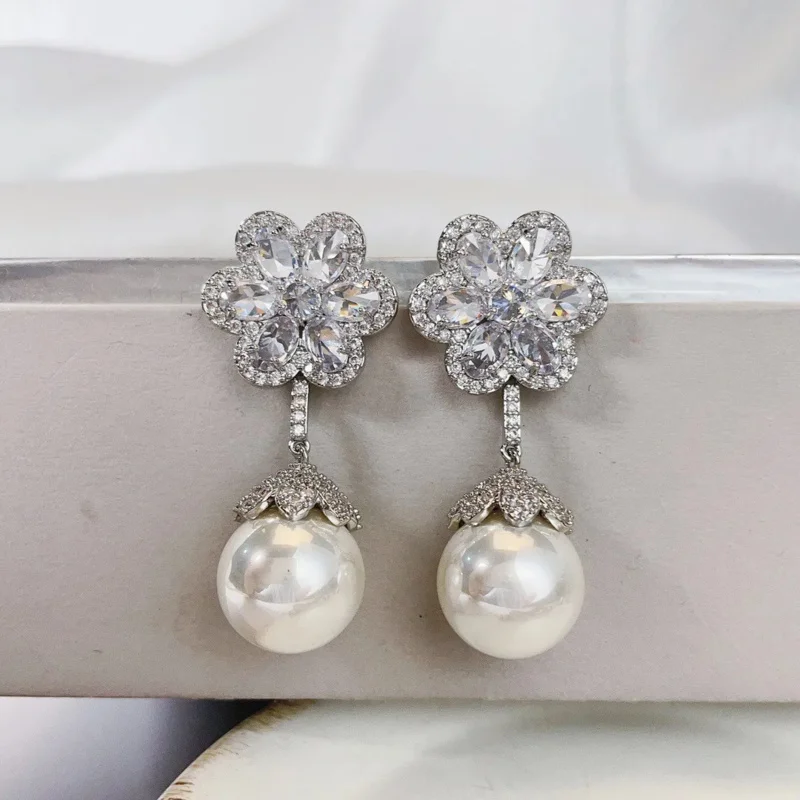 YISON 925 silver Earrings Crystal Plum Ice Flower Zirconia Pearl Drop Earrings For Women Beautiful Fashion Wedding Ladies Gifts