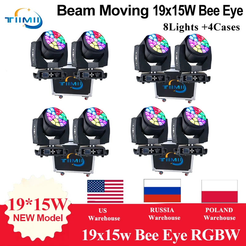 No Tax 4 case 8pcs Beam Zoom 19x15w RGBW LED Big Bee Eye Moving Head Bee Eye Beam Light flightcase Paky Zoom Wash Moving Stage