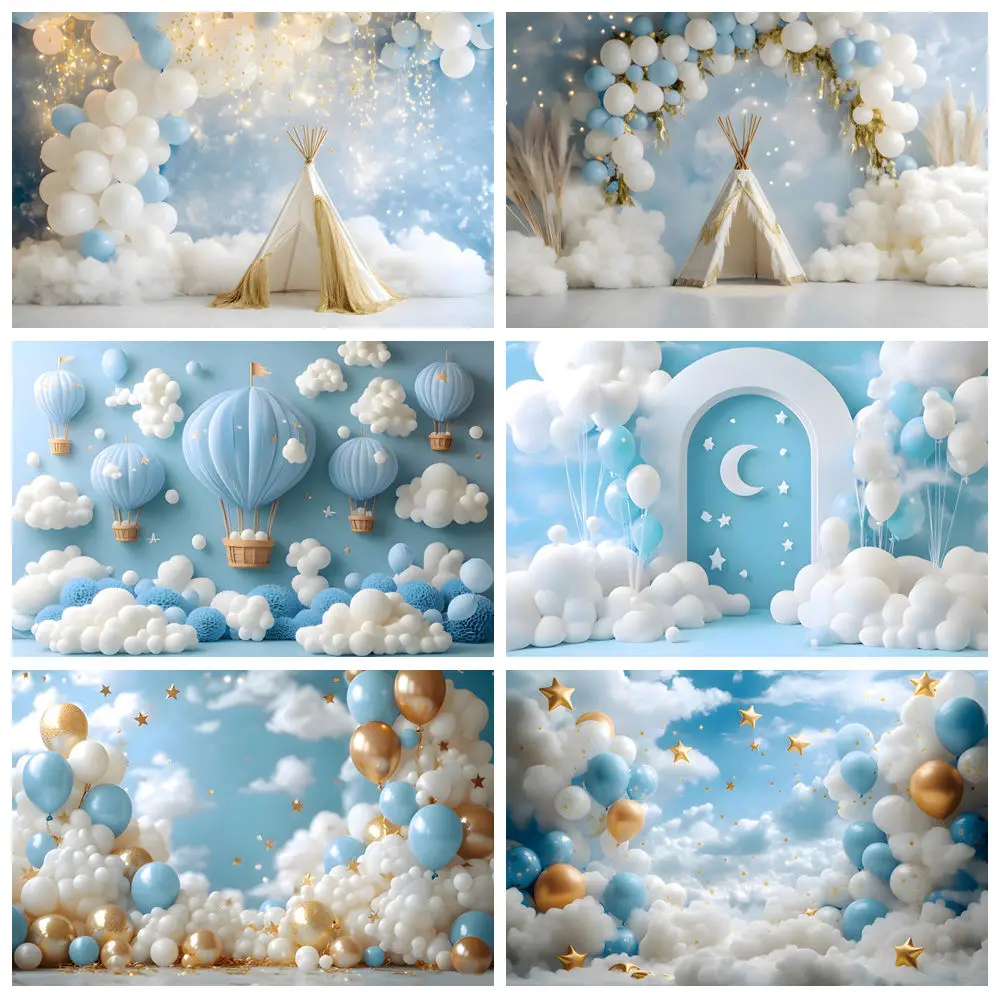 

Newborn Baby First Birthday Photography Backdrop Blue Sky Clouds Moon Hot Air Tent Balloons Baby Shower Photo Background Decor