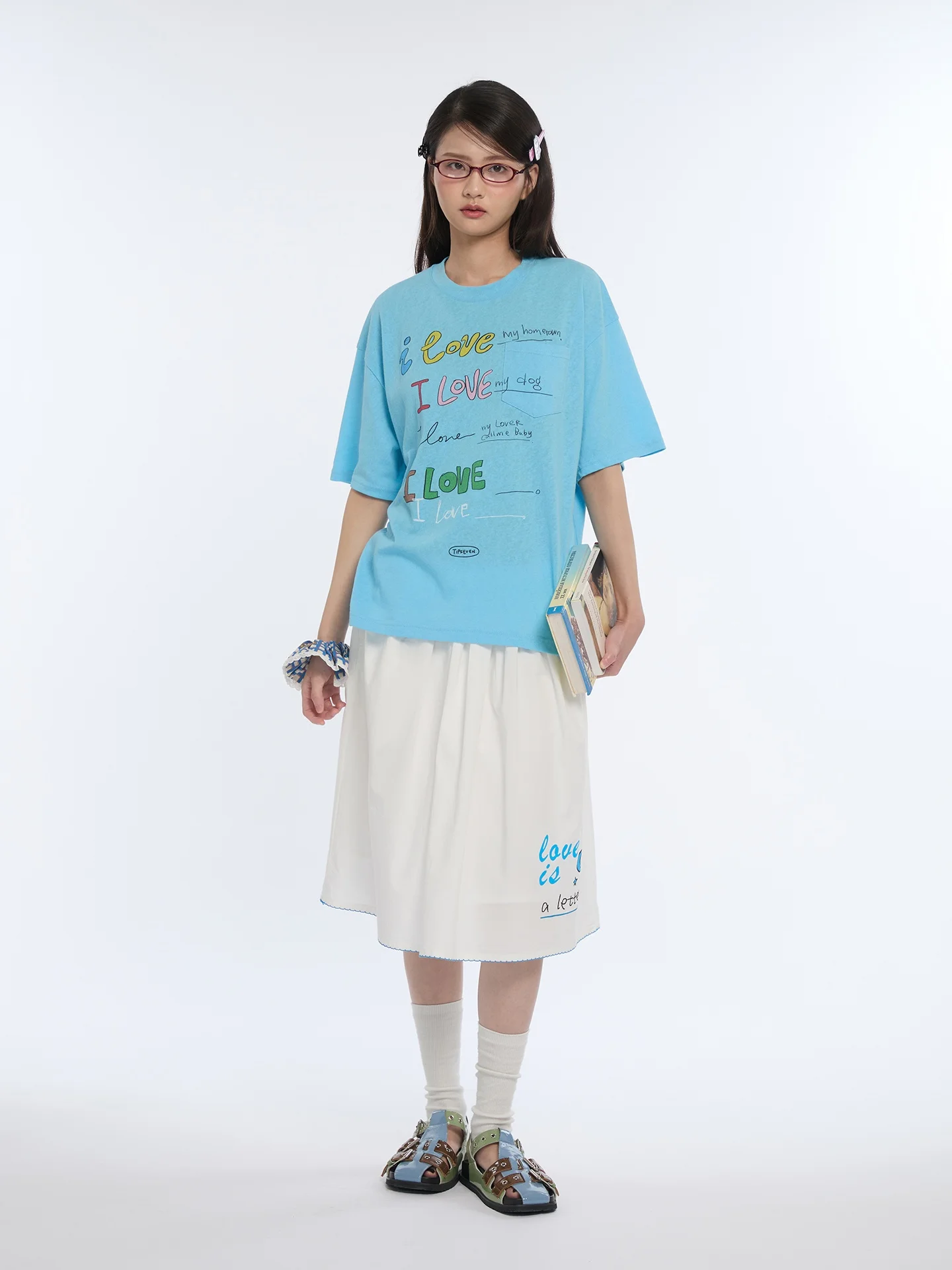 TIPSEVEN Star Moon Letter Summer Embroidered Loose A-Line White Midi Skirt Versatile Women's Half Skirt Elastic Waist Cotton ...