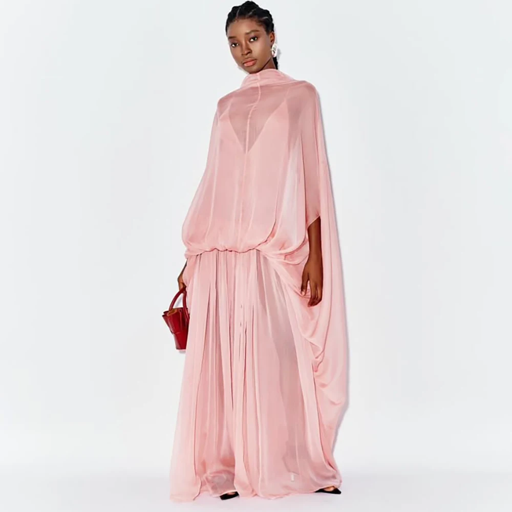 Elegant Women Dresses Pink High Neck Prom Gowns Illusion Cape Sleeves Maxi Formal Chiffon Evening Dress Valentine's Day Outfit