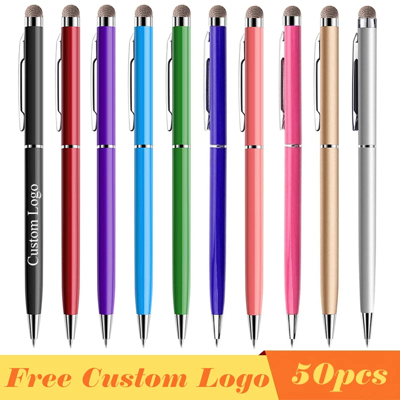 

50pcs/lot Mini Metal 2 In 1 Roller Ballpoint Pens 10 Colors Touch Screen Stylus Universal for iOS iPad Android Free Custom Logo