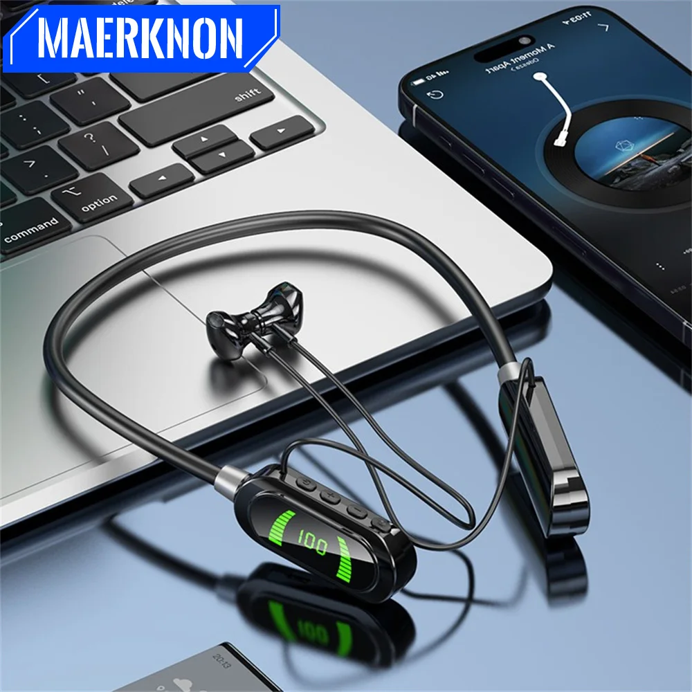 TWS Wireless Earphones Bluetooth 5.3 Neckband Headphones HiFi Magnetic Sports Waterproof Neck-hanging Headsets With Mic Stereo