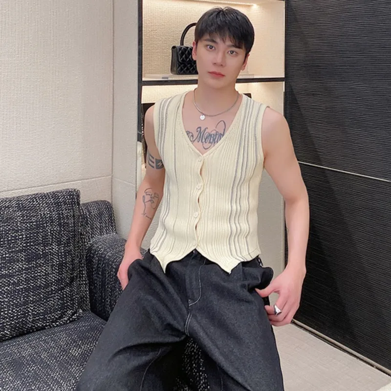 NOYMEI Summer Cardigan Knitted Tank Top Simple Korean Style Casual Men's Trendy Waistcoat 2024 Striped Contrast Color WA4021