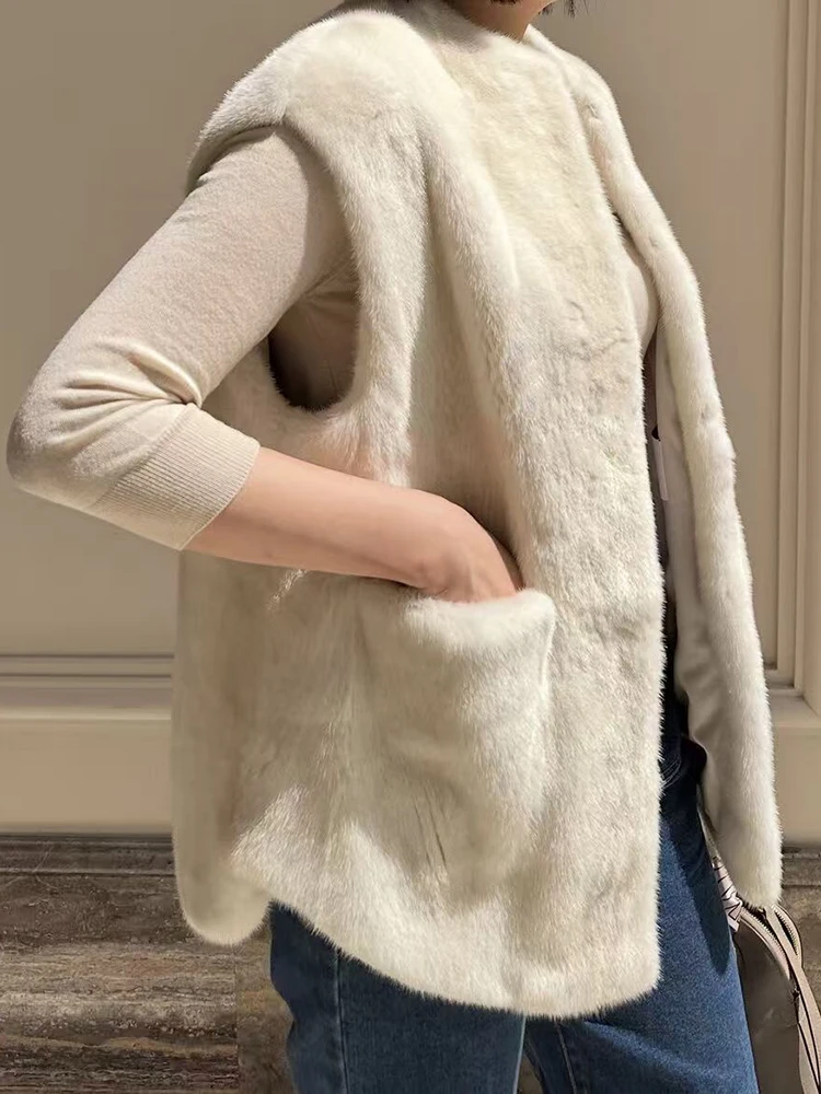 Korean Mink Fur Vest Women Stand Collar Luxury Fashion Medium Long Loose Casual Outerwear