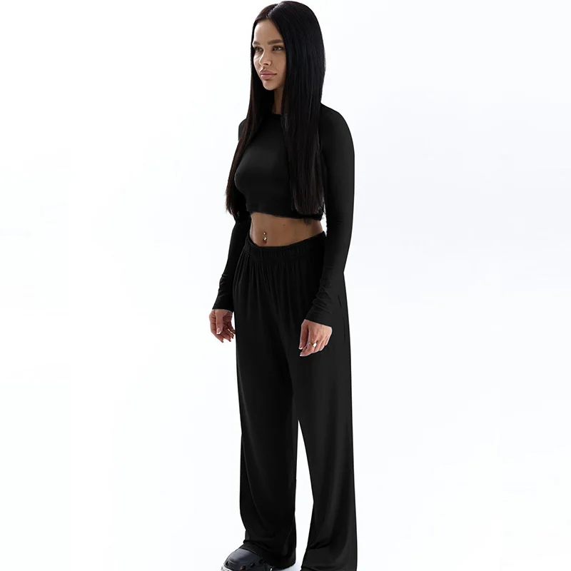 Spring New Women\'s T-shirt Loose Pants 2 Piece Long Sleeves O-Neck Tees Casual Slim Fashion Trouser Solid Basic Female Clothing