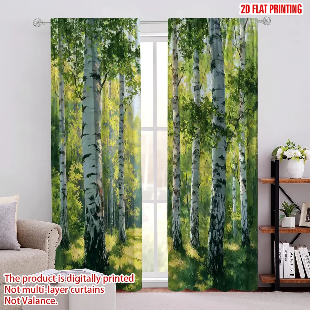 2pcs 2D flat printing Window Curtains Birch Forest_a Digital Printed Polyester Drapes Family Party Decoration Perfect for