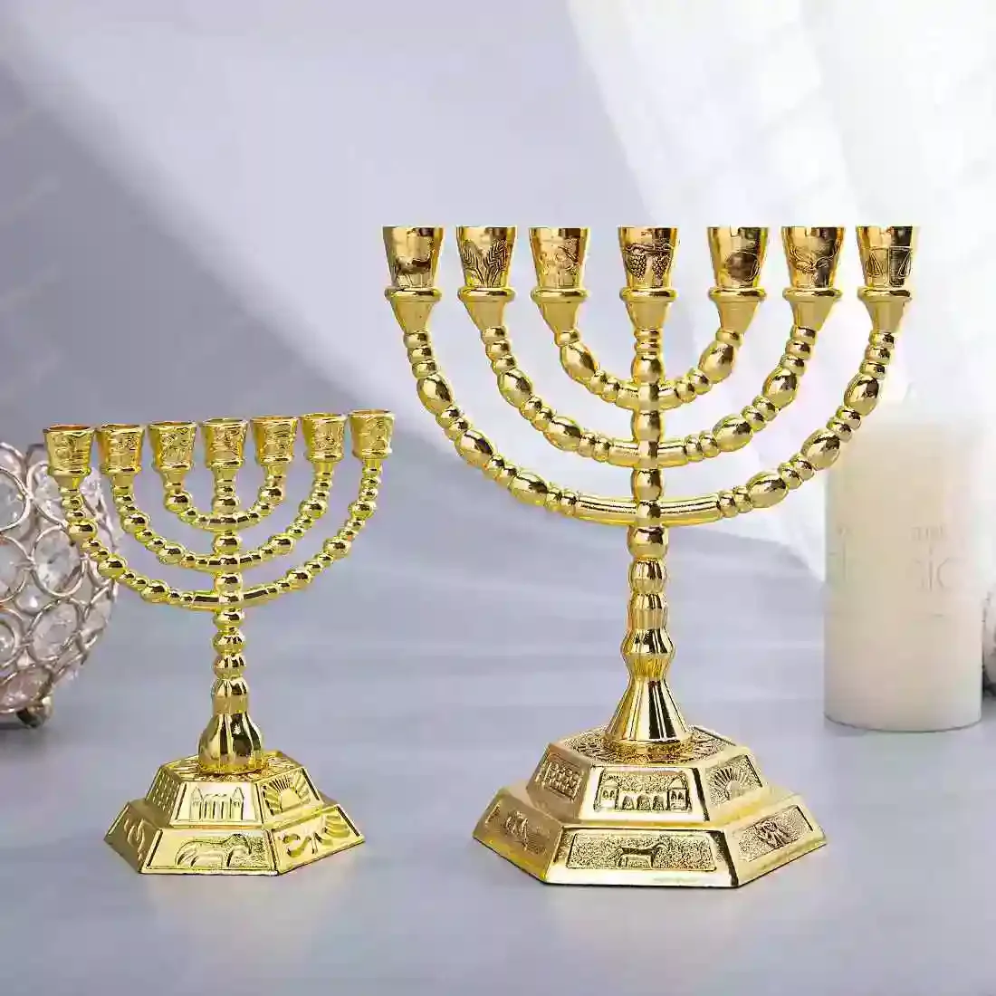 UISN Golden Jewish Menorah Candle-Holders Religions Candelabra Hanukkah Candlesticks 7 Branch Menorah