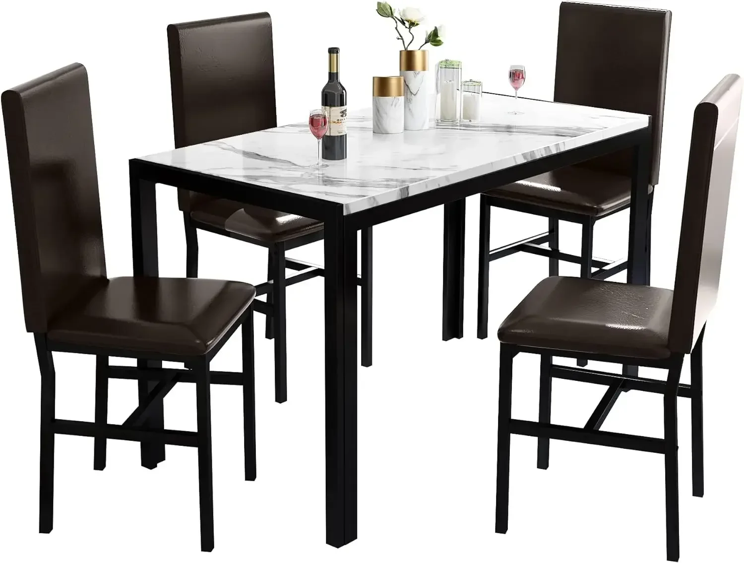 

Marble Dining Table Set for 4, 5-Piece Faux Marble Kitchen Table and Chairs for 4, Space Saving Dining Room Table Set