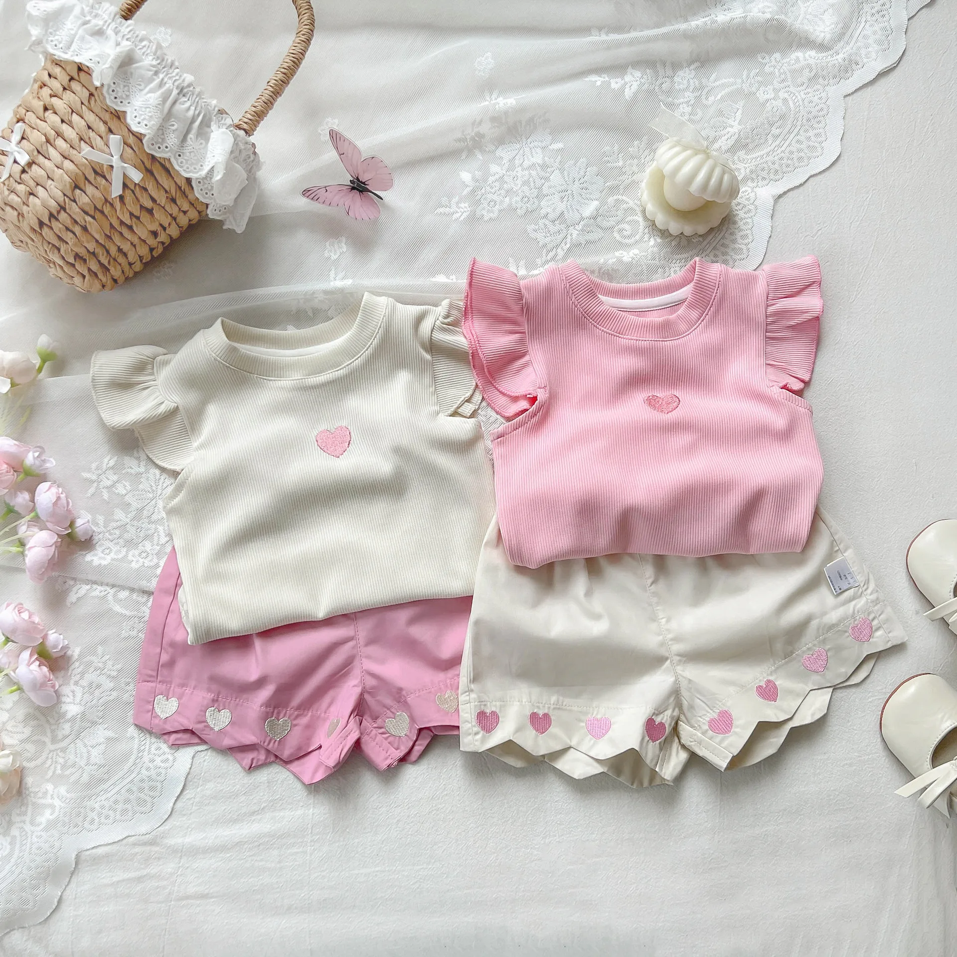 Baby Girls' Summer Sweet Set, Camiseta e Shorts sem mangas, Elegante, Princesa, Doce, Novo, Conjunto de 2 peças, 2024