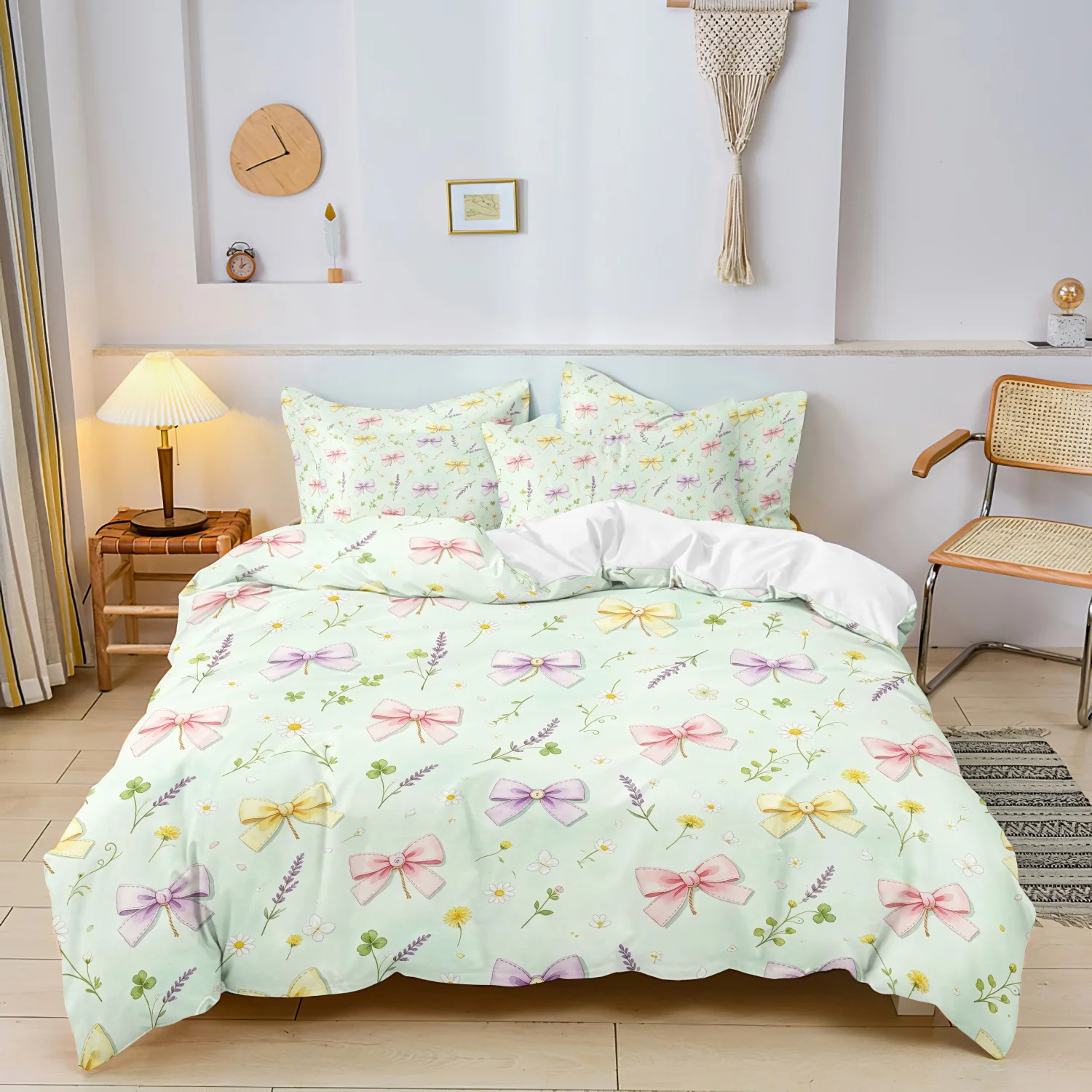 3pcs Green Bow Floral Duvet Cover Set, Colorful Bow Daisy Lavender Print Bedding Set For Family Bedrooms Dormitories Hotels