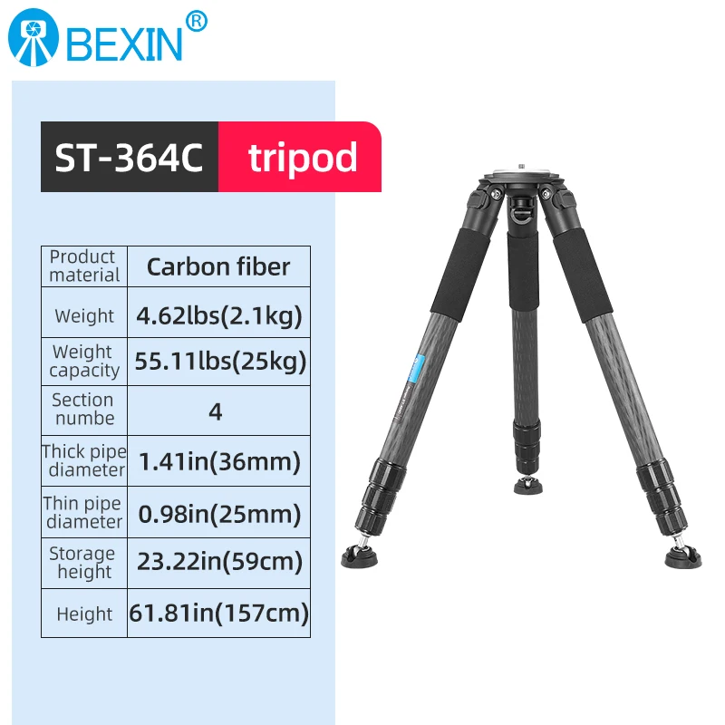 BEXIN large heavy duty carbon fiber camera new design professional adjustable telescopic telephoto lens tripod