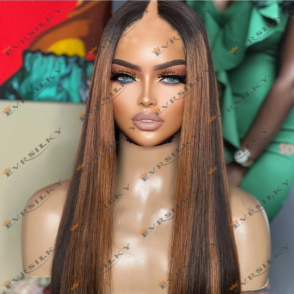 

Длинный шелковистый прямой парик омбре для женщин, черный с карамельно-коричневыми прядями, недорогой, машинной работы, с открытым центральным U/V-образным вырезом 1x4 и застежками