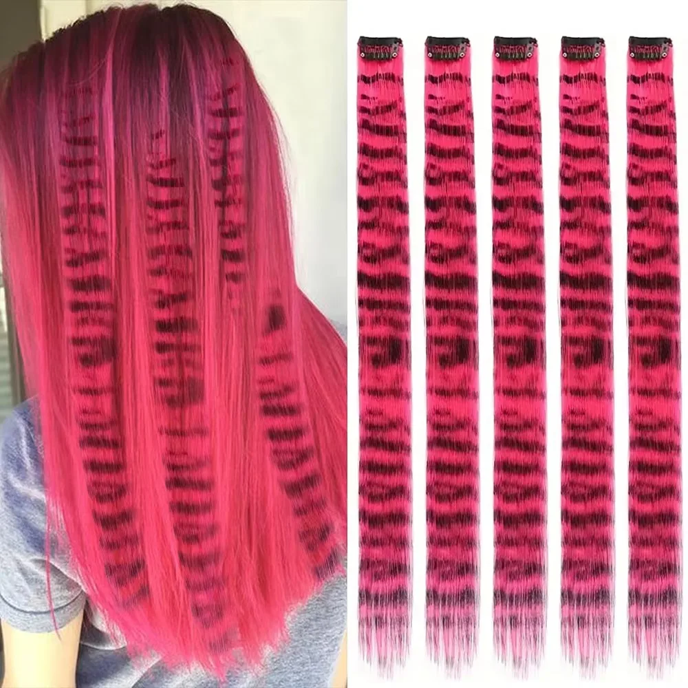 

Stripe Printed Clip in Hair Extensions Colorful Straight Hair Highlights 18 Inches Synthetic Wig Hairpieces for Daily Use Party