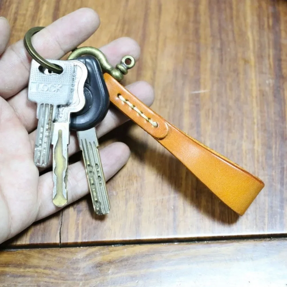 Simple Handmade High Quality Cowhide Keychain Leather Car Key Lanyard Retro Copper Horseshoe Buckle Key Ring Pendant Gift