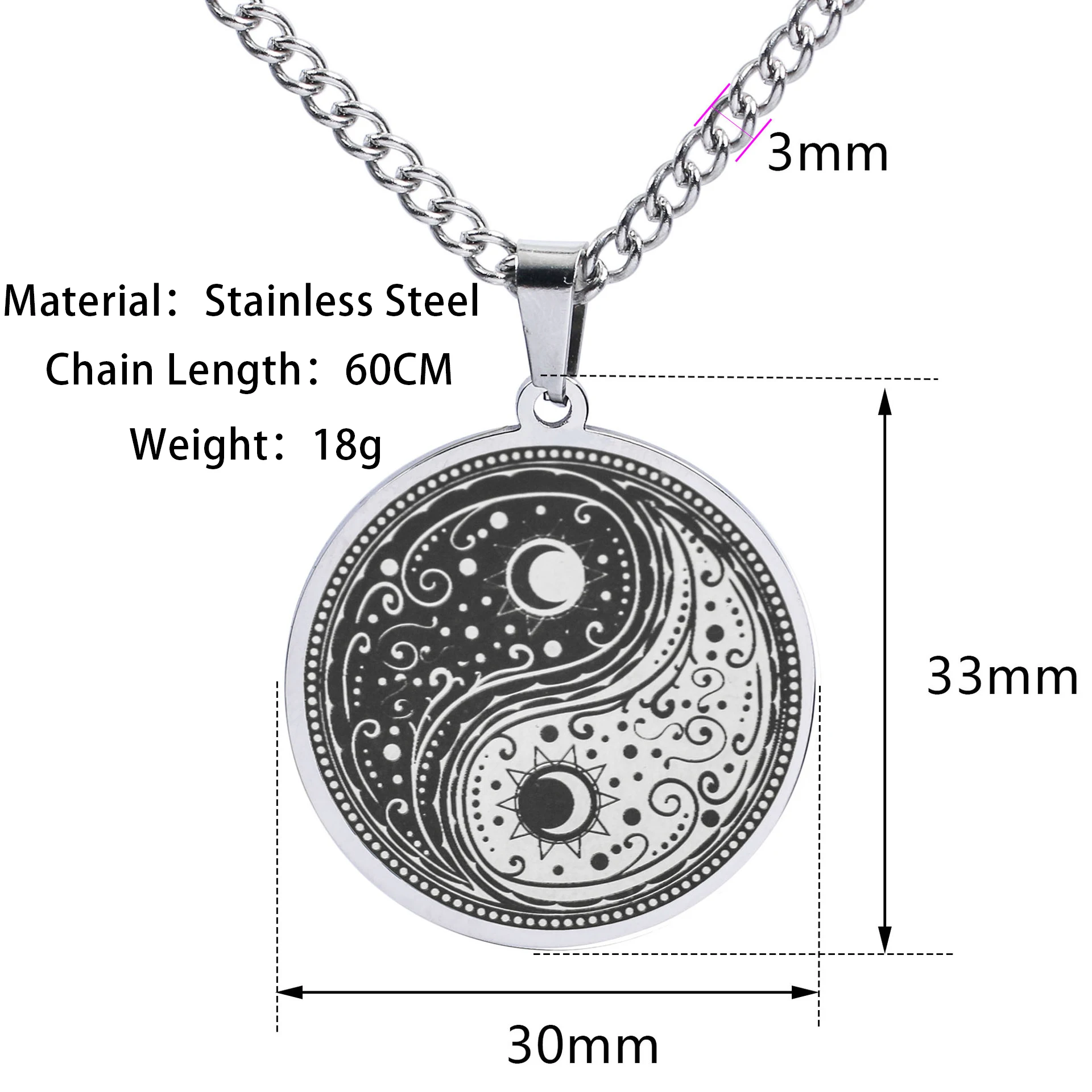 Stainless Steel Fashion Classic Sun Moon Yin Yang Taiji Pendant Necklace For Men Women Creative Sweater Chain Jewelry Wholesale