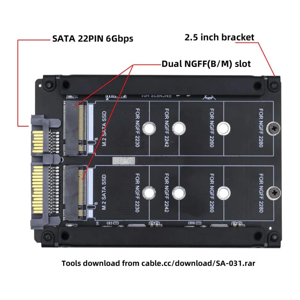JoniSerl Dual NGFF B+M Key M.2 SSD Card JBOD Raid0 Span Bridge to 2.5inch SATA Combo HDD Disk Drive Enclosure
