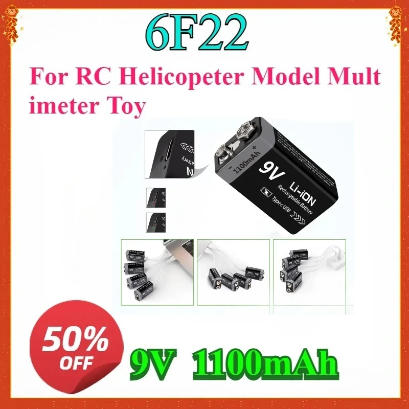

For 6F22 9V Rechargeable Battery 1100mAh USB Type-C Rechargeable 6F22 9V Li-ion Battery for RC Helicopeter Model Multimeter Toy
