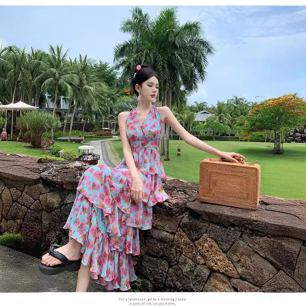 Parisian Floral Dress | Elegant Backless Design | Summer Vacation Boho Chic | Luxury Niche Fashion