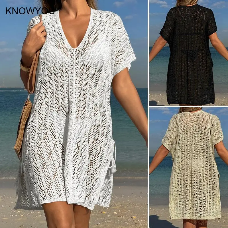 Women Sexy Hollow Out Lace Up Oversize Knitted Bikini Cover Ups Summer Female Solid Beachwear Loose Beachwear Cover Up