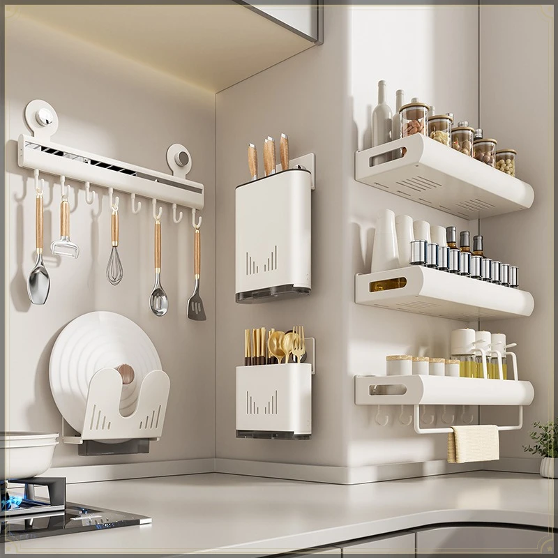 3Pcs Carbon Steel Kitchen Storage Rack Set Wall Mount Punch Free Kitchen Utensil Holder Space Saving Kitchen Organizer Must Have
