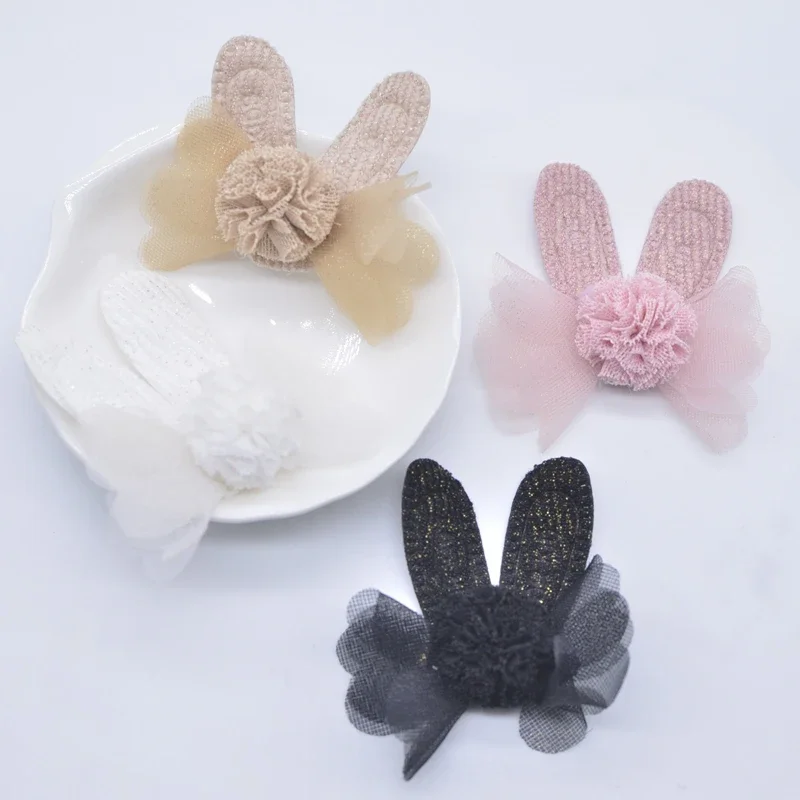 10Pcs Rabbit Ear with Chiffon Ball for DIY Clothes Socks Gloves Shoes Patch Fabric Sewing Applique Headwear Hat Hair Clips Decor