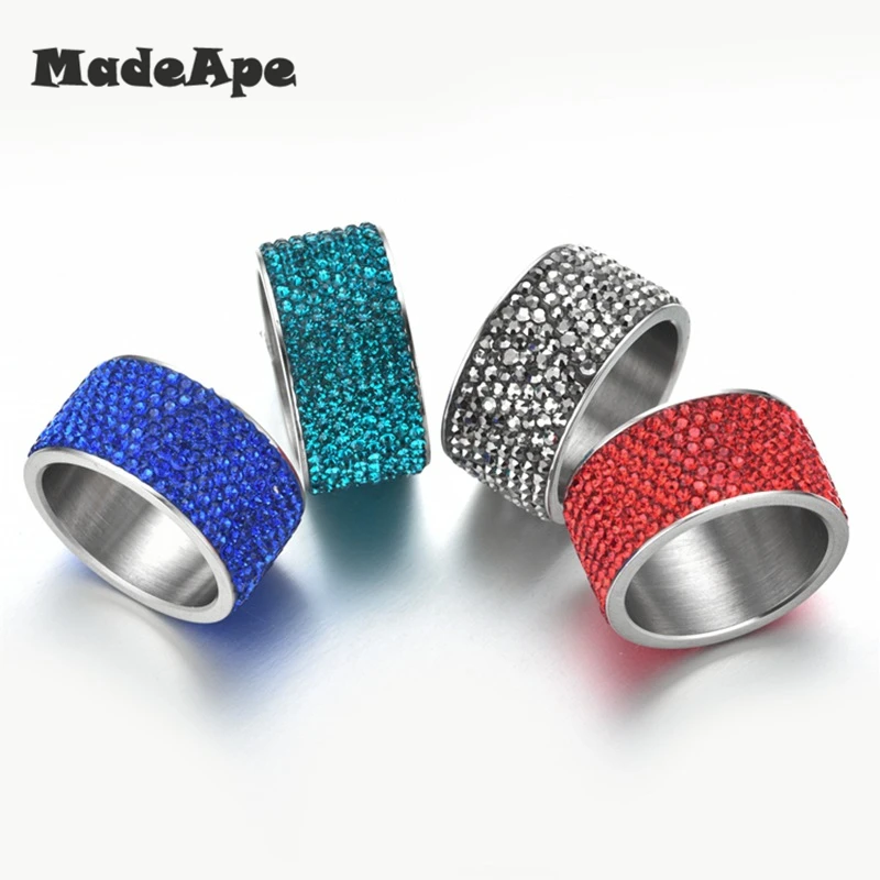 MadApe White Blue Red Green Zircon Wedding Rings For Women Stainless Steel 8 Row Crystal Cubic Zirconia Girl Jewelry