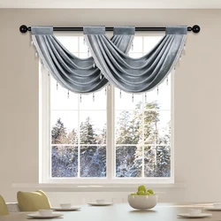 1pc European Luxury Style Curtain Valance for Living Room，Rod Pocket，Morden Pure Color Valance with Beads,Window and Door Decor