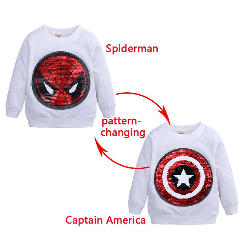 Halloween Children Boys Sequin Spider Sweatshirts Spider man pattern-changing Captain America Sequined Kids Clothes Sweatshirts