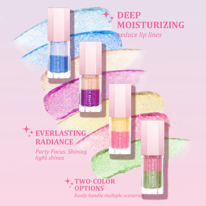 二層リップグロス - 上下で異なるパールカラー、重ね塗りで輝き、保湿オイルベースで塗りやすい