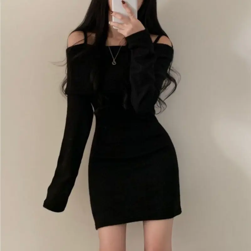 Autumn Winter Off Shoulder Dresses Slim Elegant Bag Hip Female Clothing Solid Color Basic Knitted Long Sleeve Waist Mini Dress