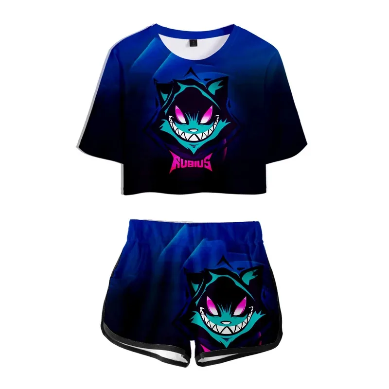dd12Rubius Merch Conjunto de 2 trajes con estampado 3D para mujer, chándal corto, top y pantalones cortos de dos piezas, chándales para mujer