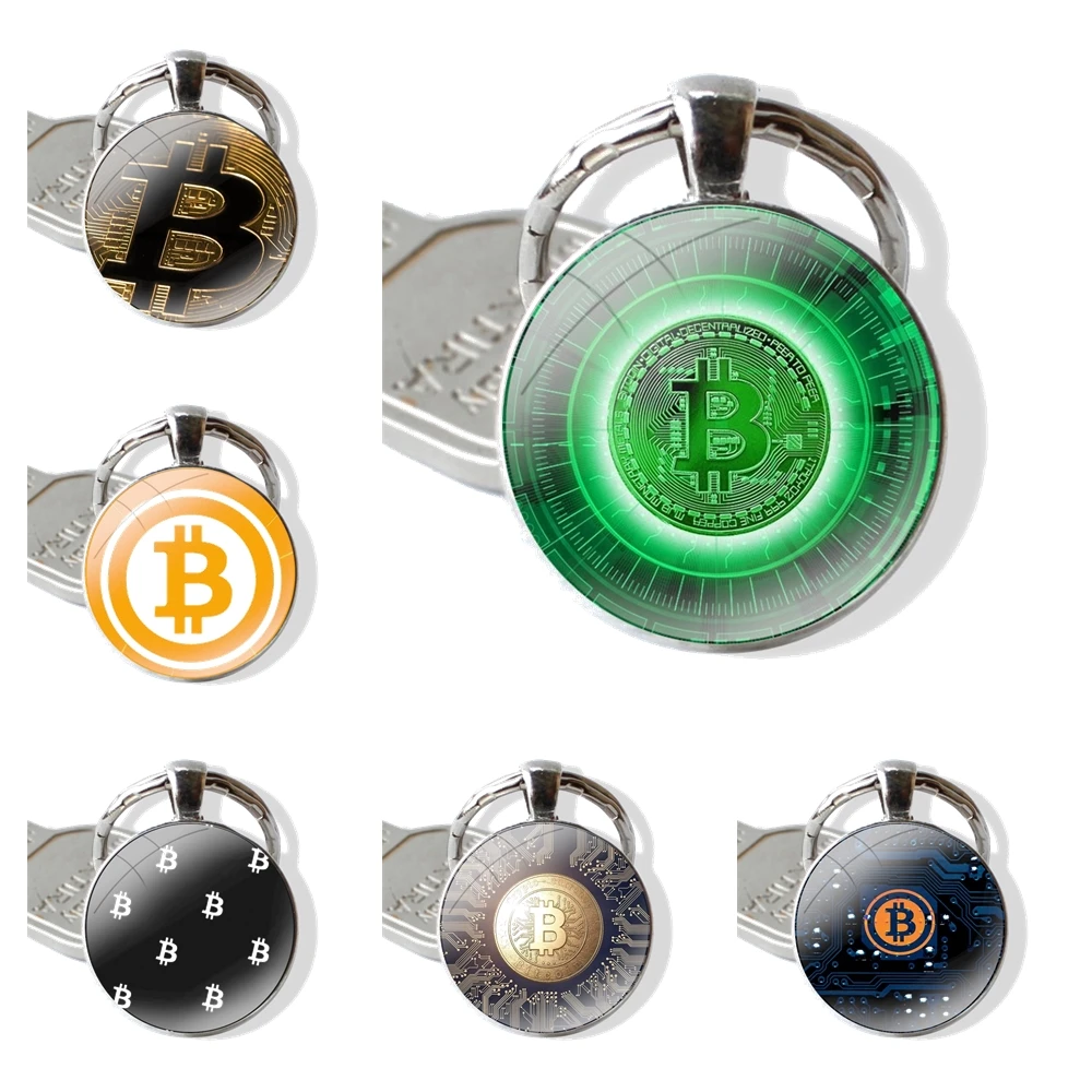 Bitcoin Keychain Glass Cabochon Metal Pendant Classic Men's Women's Keyring