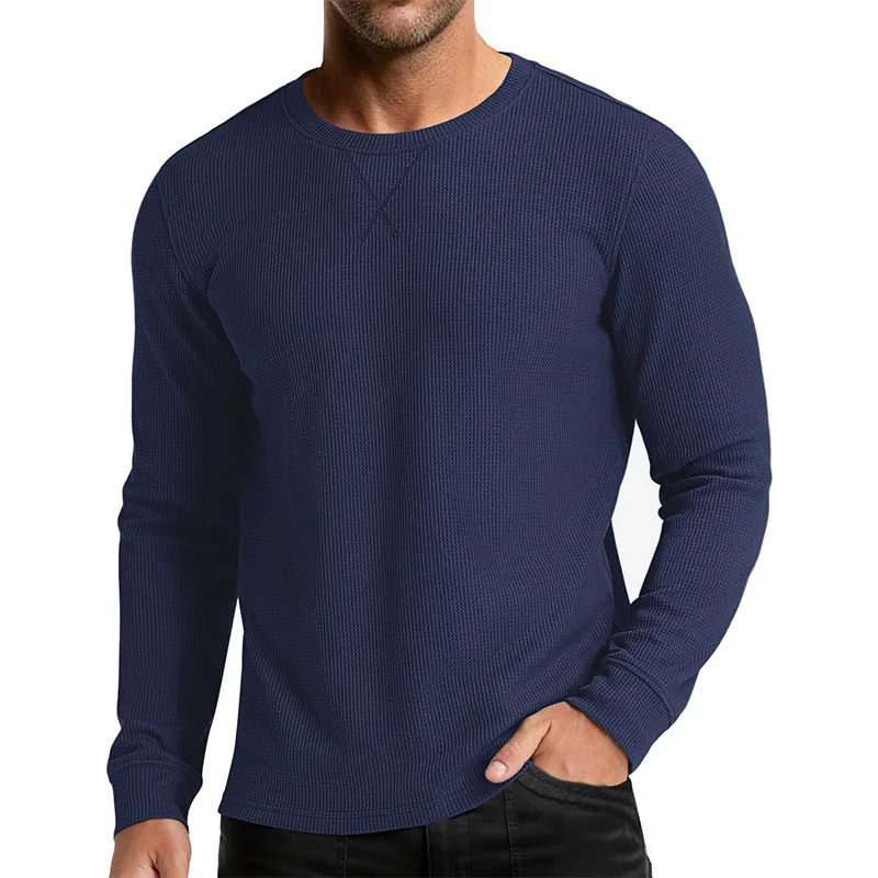 

New Men's Long-sleeved Round Neck T-shirt European and American Mens Autumn and Winter Waffle Bottoming Shirt Top