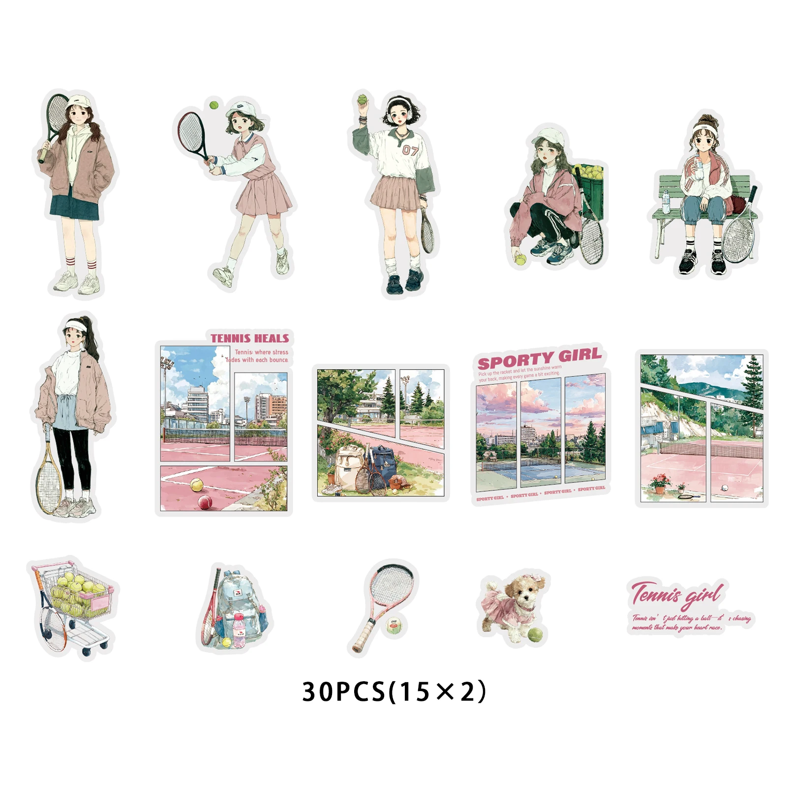 Etori Life Tennis-Themed Journal Stickers, 30 Pieces of Sports Girl Materials for Laptops, Phone Stickers, Luggage, Room Decoration, Scrapbooking Supplies, Physical Education Class, School Supplies, Toy Stickers, DIY Crafts, Gifts for Friends
