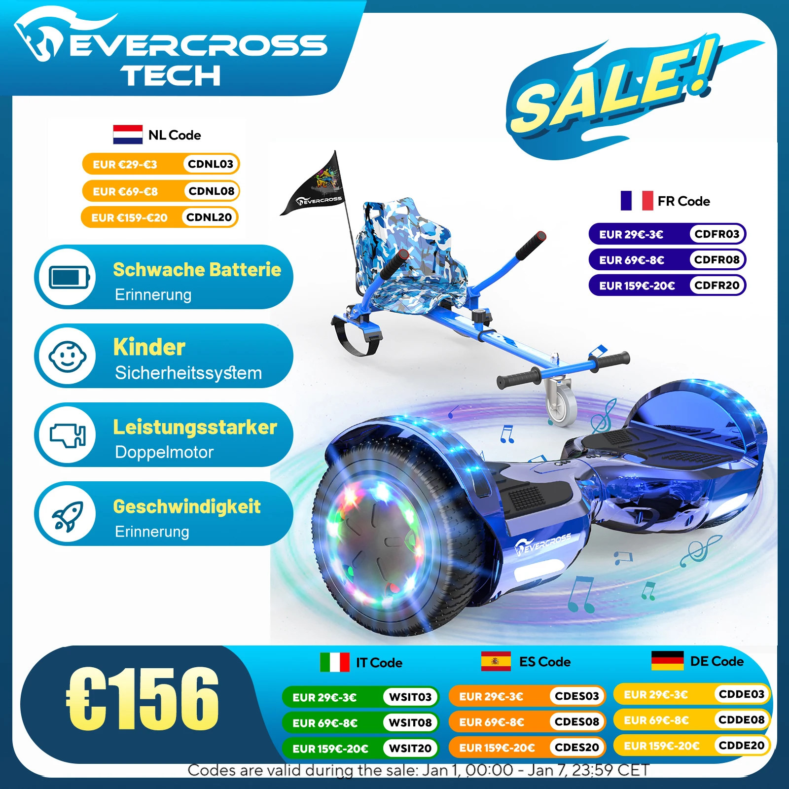 Hoverwith seat Evercross Tech xp9.6.5 inch, Bluetooth, LED lights, battery 4Ah, maximum speed 15 km/h