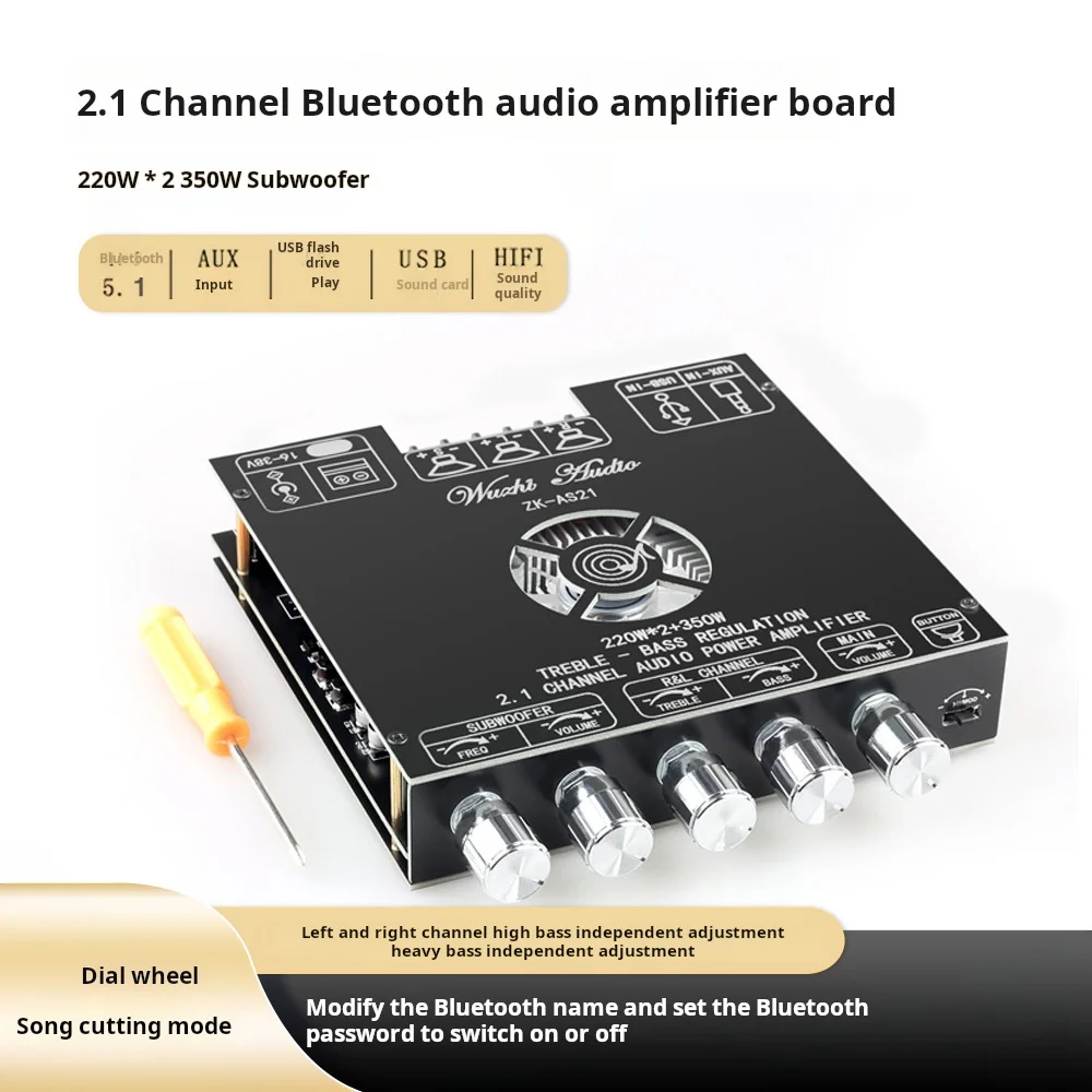 ZK-AS21 220W*2+350W 2.1 BT Power Amplifier Board with TPA3255 Chip DC18V-36V BT Speaker Audio Amplifier Module