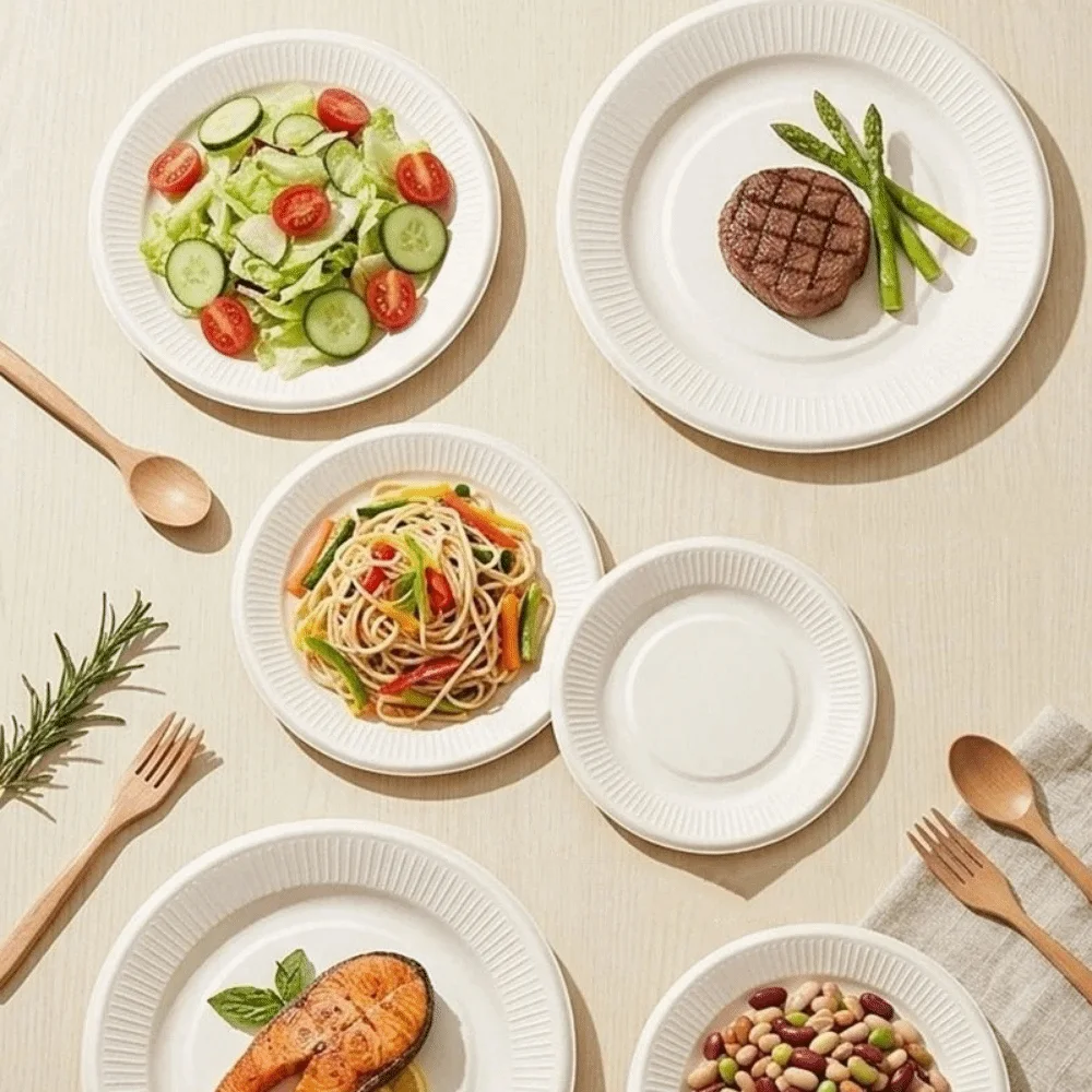 50Pcs Heat Resistant Disposable Paper Plates Round Eco-Friendly Disposable Tableware Degradable Microwavable