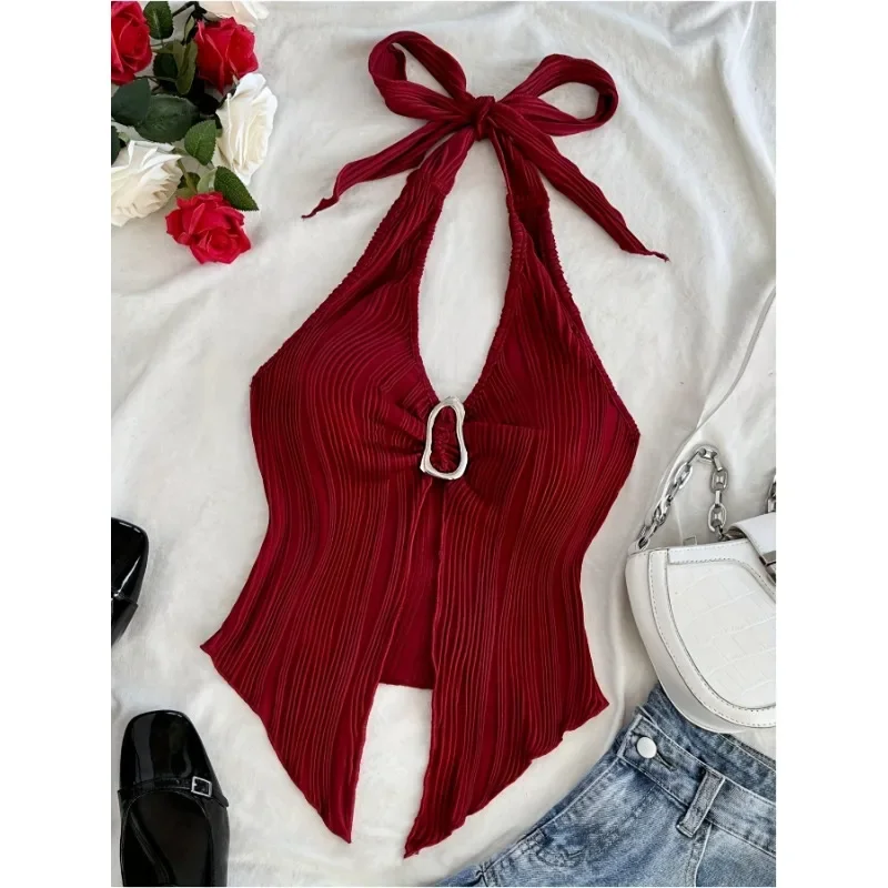 2025 เซ็กซี่VคอHalterคอCrop Topสําหรับผู้หญิงฤดูร้อนChic ElegantแขนกุดแยกBackless Top Y2Kเสื้อผ้าสีขาวสีดํา