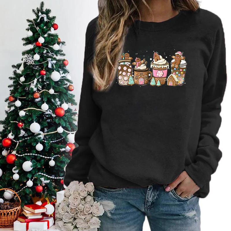 Gingerbread Cookies Sweatshirt Autumn Winter Women Fashion Christmas Coffee Sweatshirts Casual Graphic Long Sleeve Pullovers