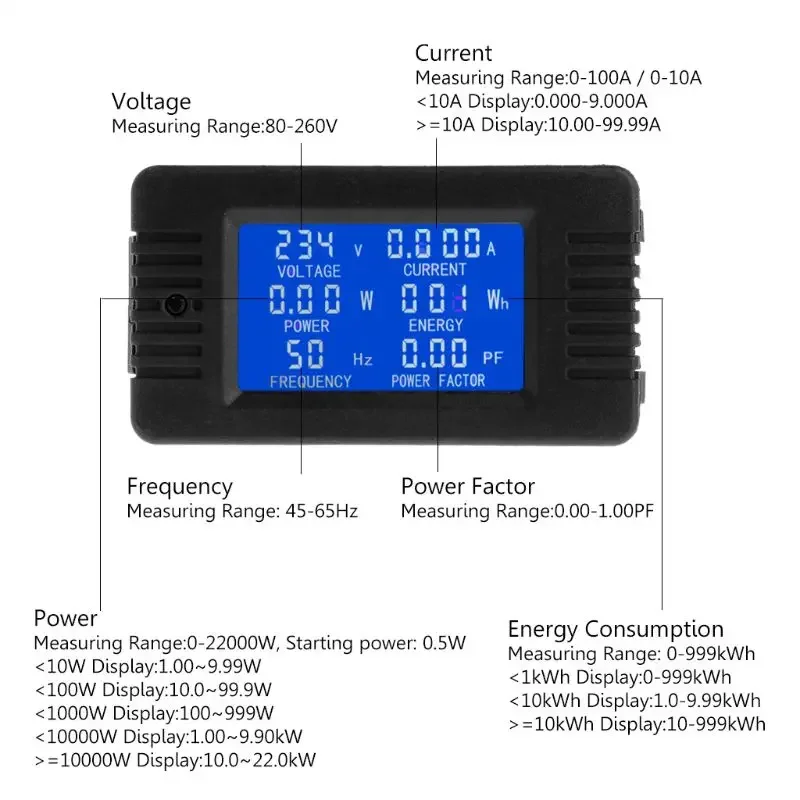 6in1 Digital 80~260V Power Energy Current KWh Watt Meter 100A