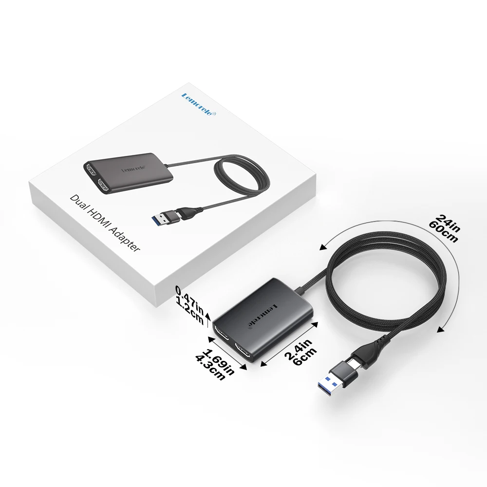 Lemorele C타입-듀얼 HDMI 어댑터, 애플 M1 M2 맥 윈도우 C타입/USB3.0 허브용, 1080P 60Hz 확장, 2 가지 화면